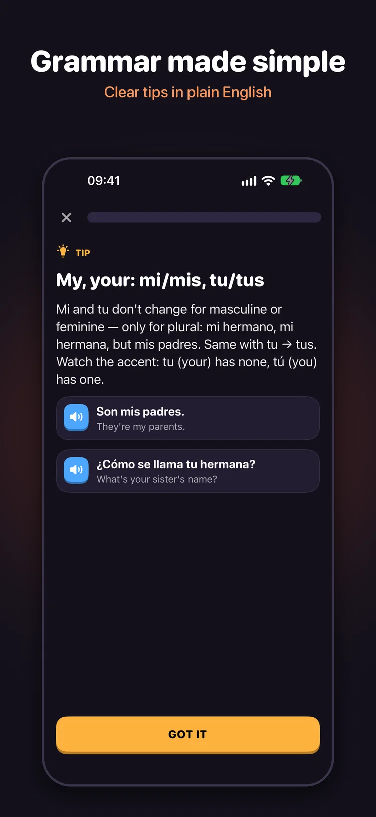 A grammar tip explaining Spanish possessives mi, mis, tu and tus with an example sentence