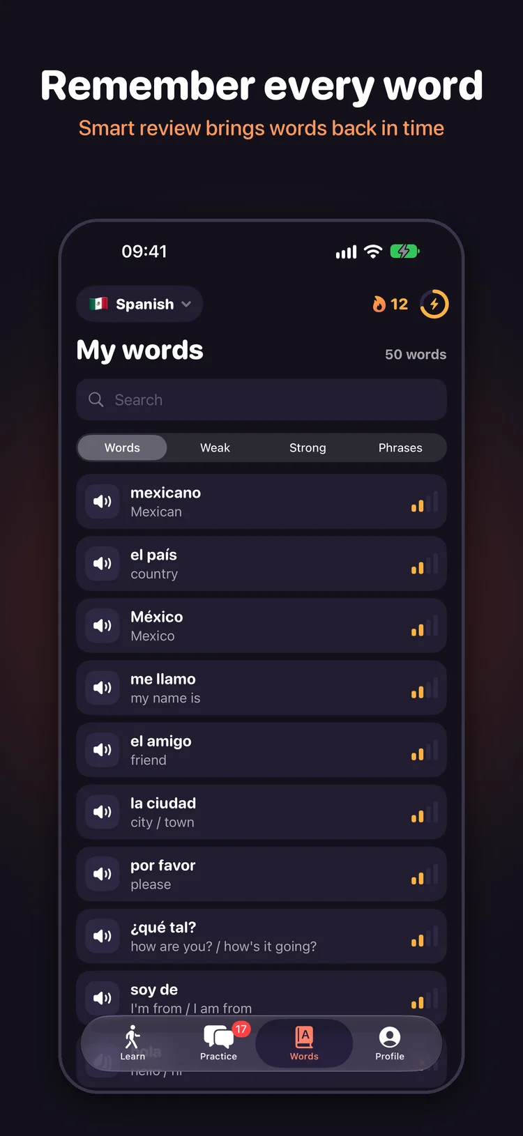 Pasito word list showing Spanish vocabulary, English translations and memory strength indicators