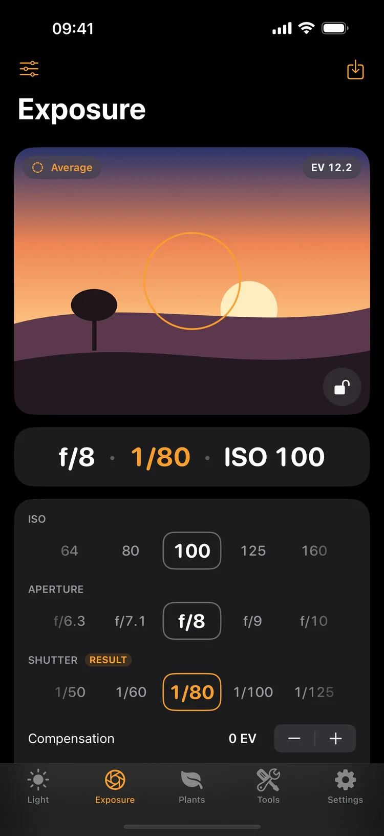 The exposure meter at f/8, 1/80 and ISO 100 (EV 12.2) for a sunset scene, with ISO, aperture and shutter dials in third stops and compensation at 0 EV