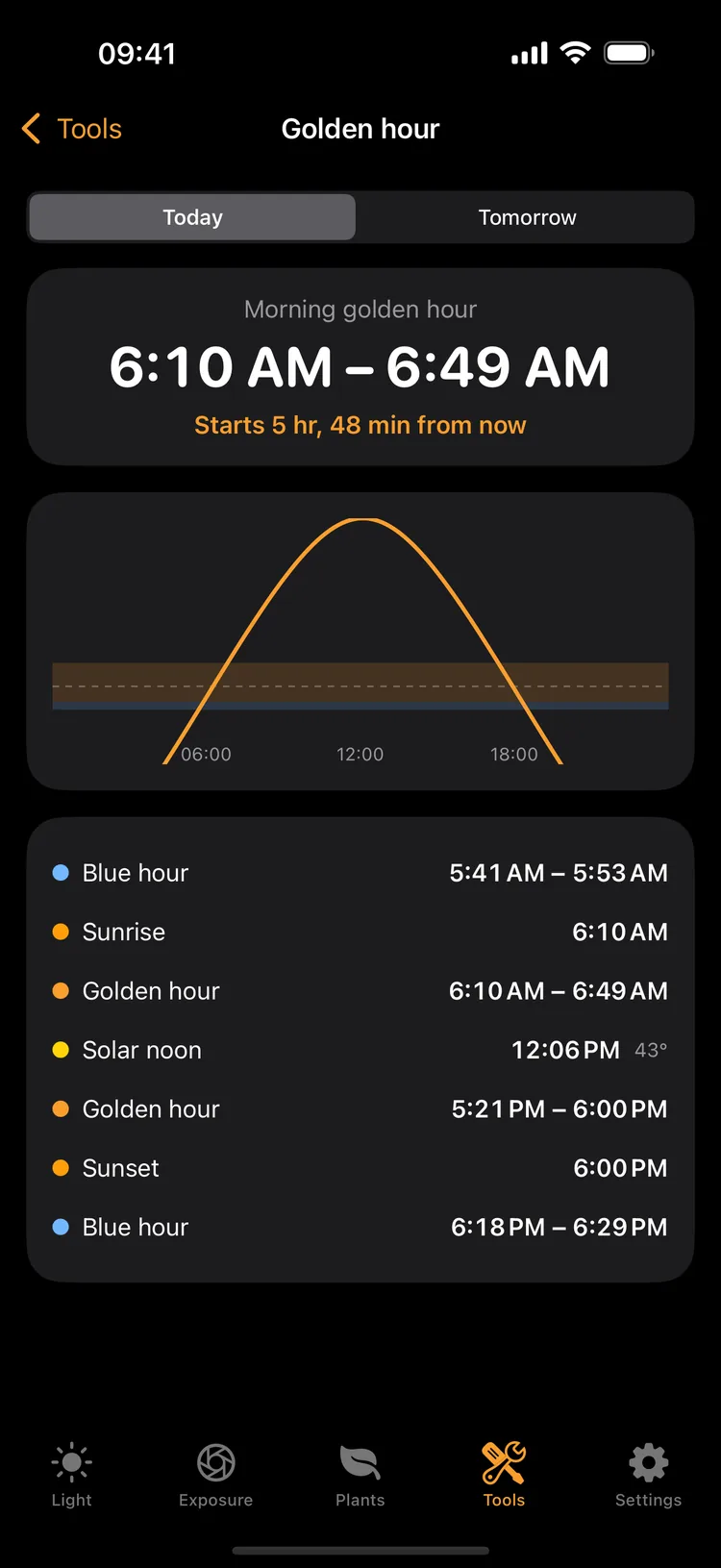 Golden hour for today: the morning golden hour from 6:10 to 6:49 AM, a chart of the sun's path, and times for blue hour, sunrise, solar noon, the evening golden hour and sunset