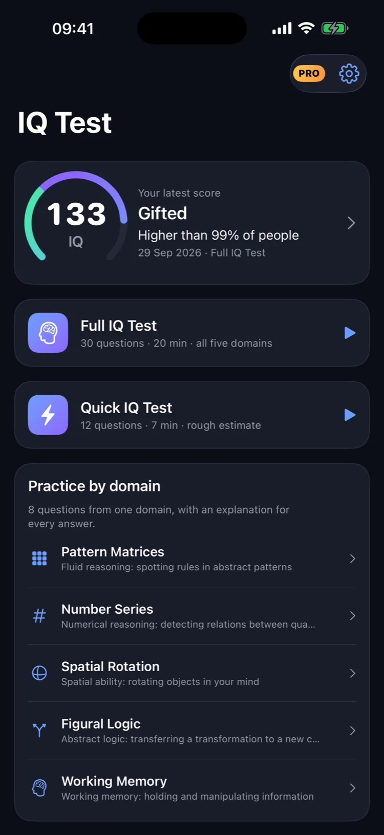 The home screen: the latest score of 133, the full and quick tests, and practice for each of the five domains