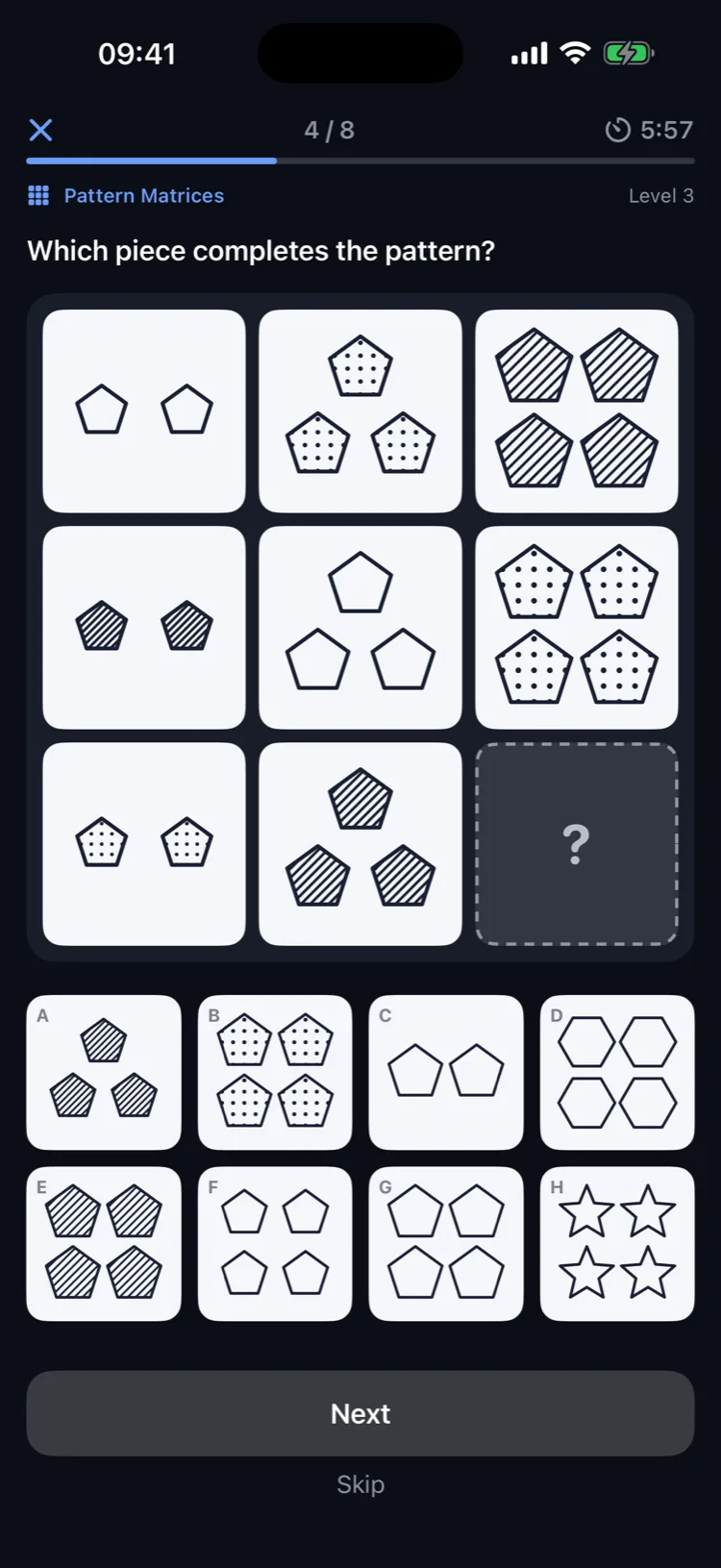 A pattern matrix question: a 3 by 3 grid of pentagons with one cell missing and eight answer options