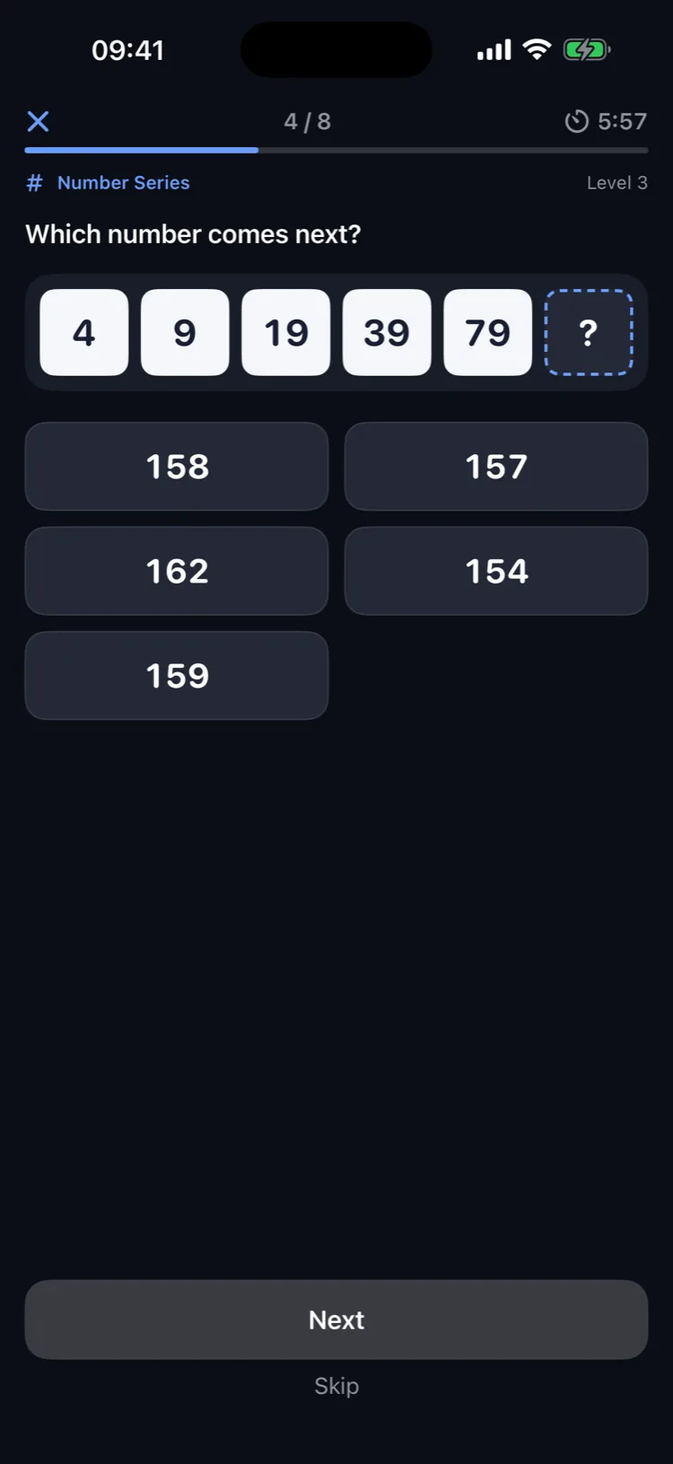A number series question: 4, 9, 19, 39, 79 and a missing next number with five options