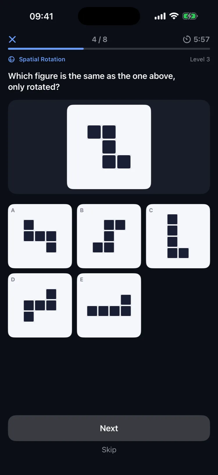 A spatial rotation question: find which of five figures is the same shape only rotated