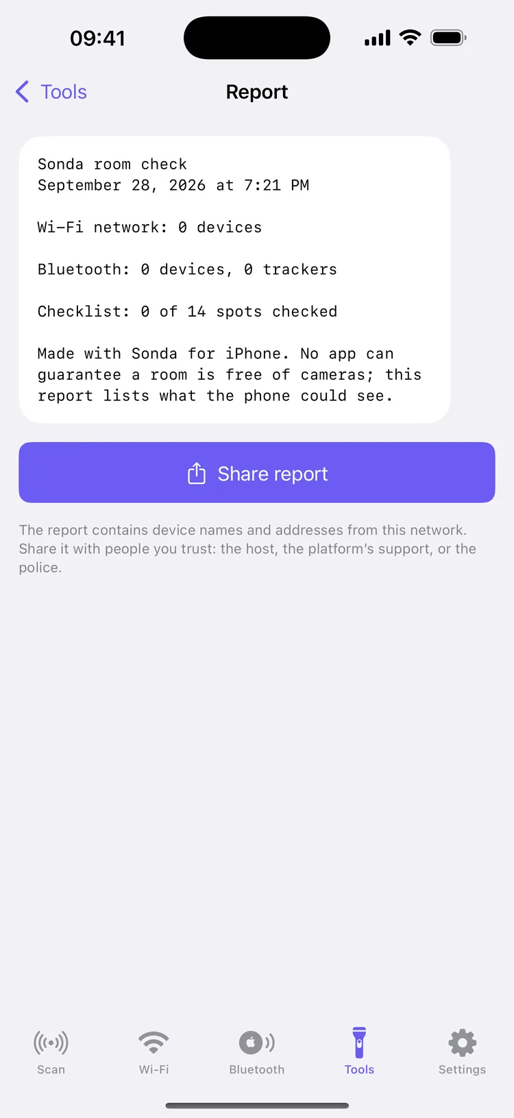 A Sonda room-check report with the date, the Wi-Fi and Bluetooth device counts, trackers found, checklist progress and the note that no app can guarantee a room is free of cameras, above a Share report button