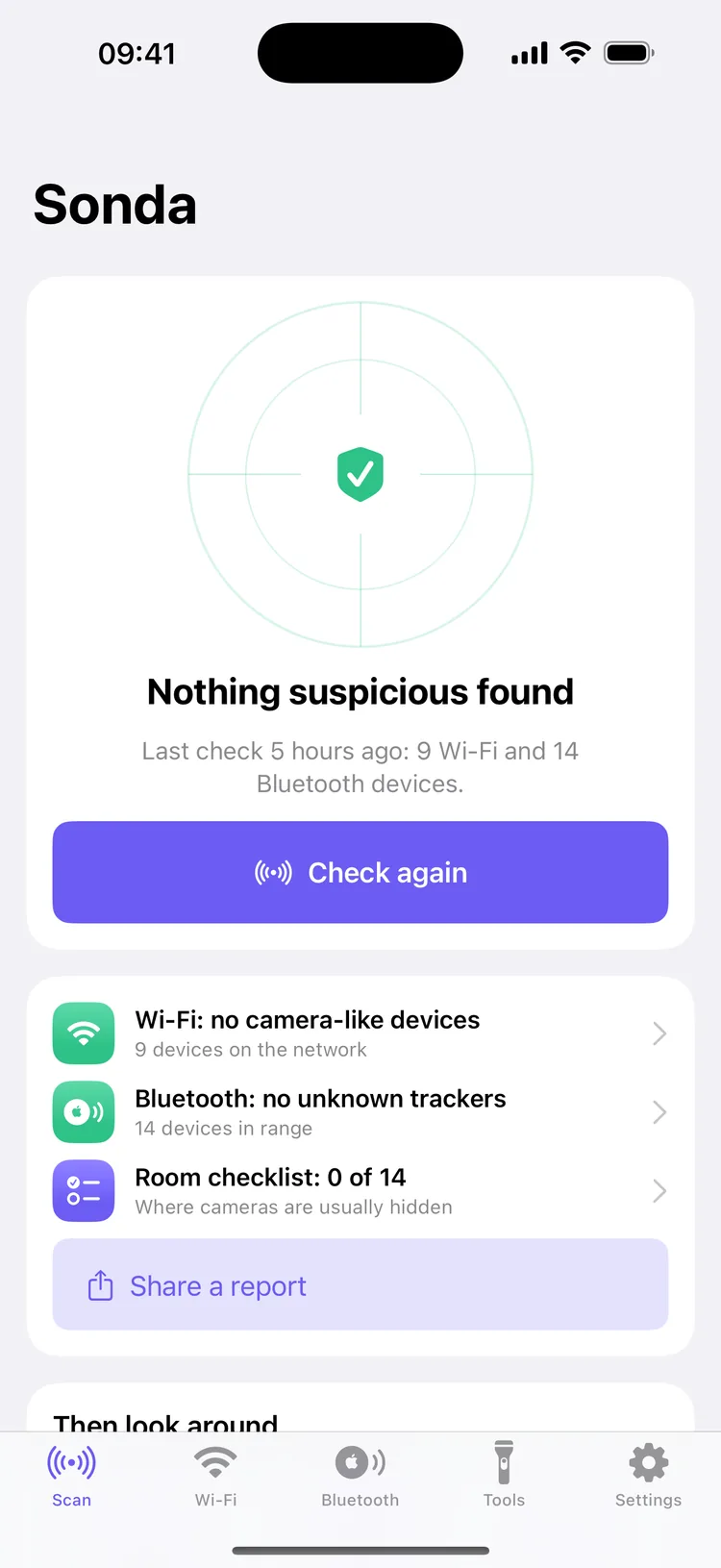 Sonda's Scan tab after a room check: “Nothing suspicious found”, with no camera-like devices among 9 on the Wi-Fi, no unknown trackers among 14 Bluetooth devices, and the 14-spot room checklist still to do