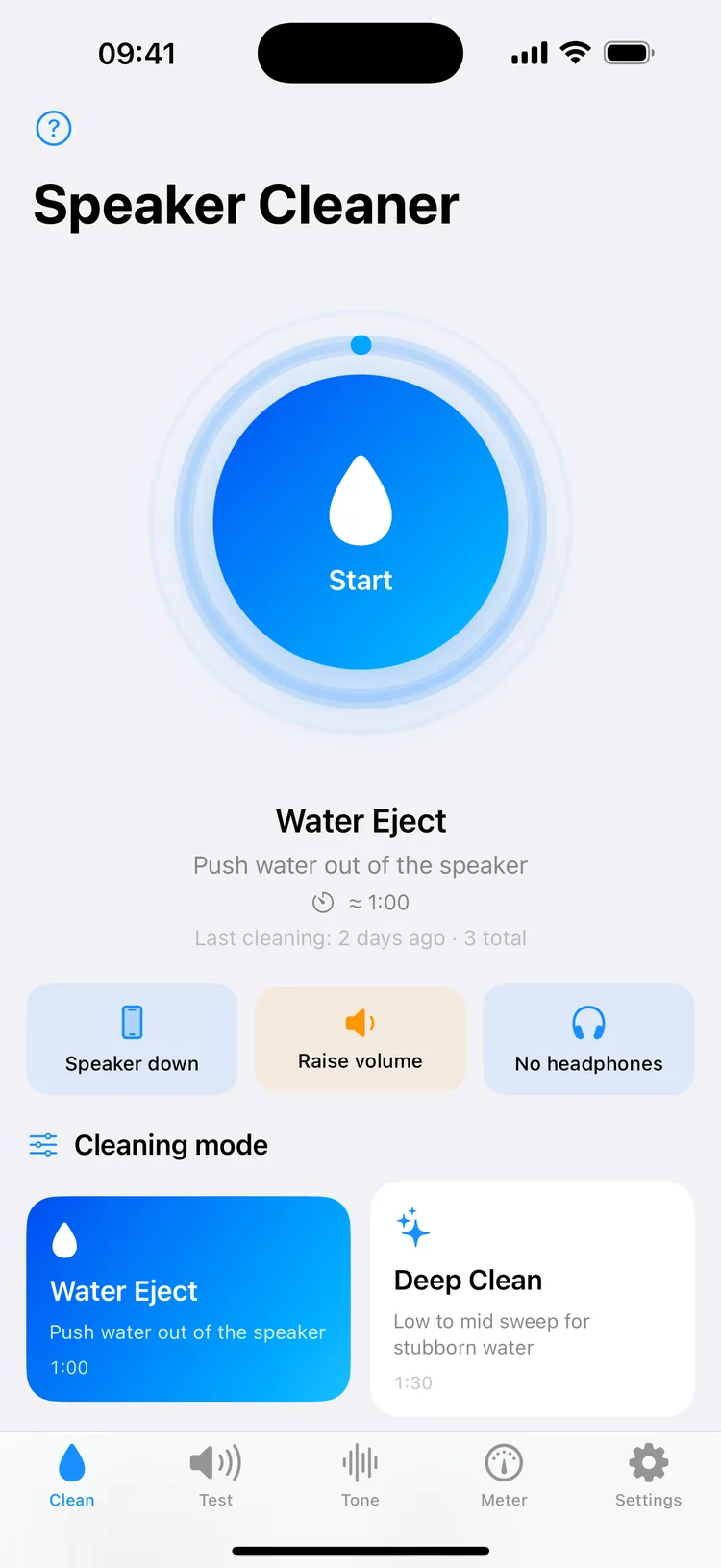 Unda's Speaker Cleaner screen: a large Start button for the one-minute Water Eject program, tips to point the speaker down, raise the volume and remove headphones, and the Water Eject and Deep Clean modes below