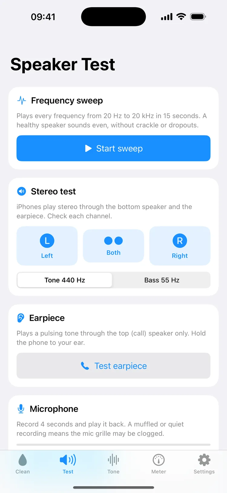 The Speaker Test tab: a 15-second frequency sweep from 20 Hz to 20 kHz, a stereo test with Left, Both and Right and a choice of a 440 Hz tone or 55 Hz bass, the earpiece test and the four-second microphone test