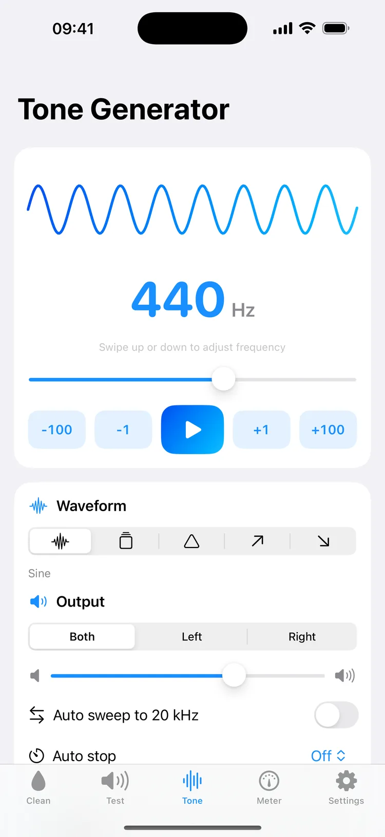 The Tone Generator set to 440 Hz with a sine wave drawn above, a frequency slider, −100, −1, play, +1 and +100 buttons, the waveform picker, output to both channels, a volume slider and the Auto sweep to 20 kHz switch