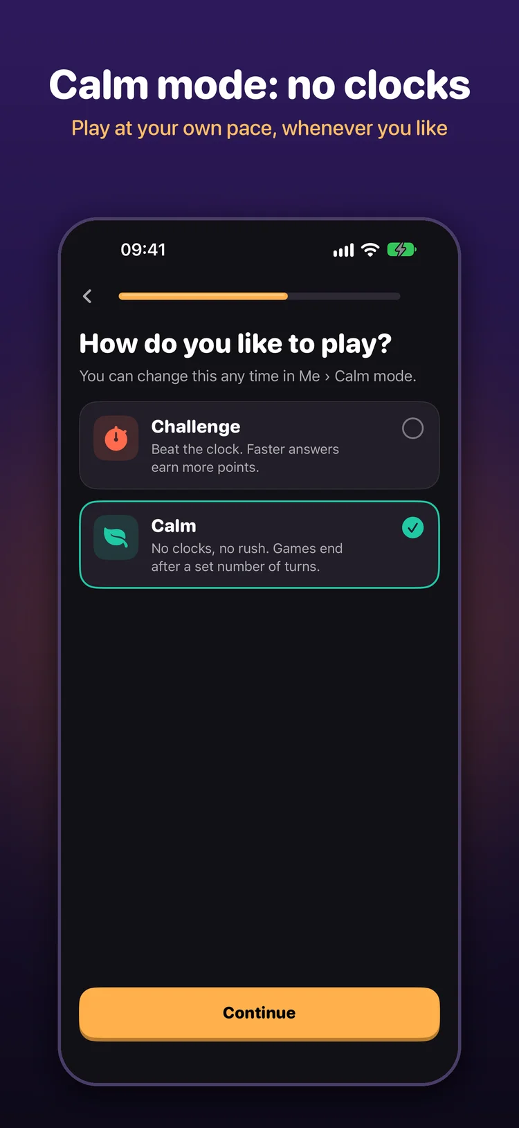 Walnut play style screen with Calm mode selected and no clocks or rush