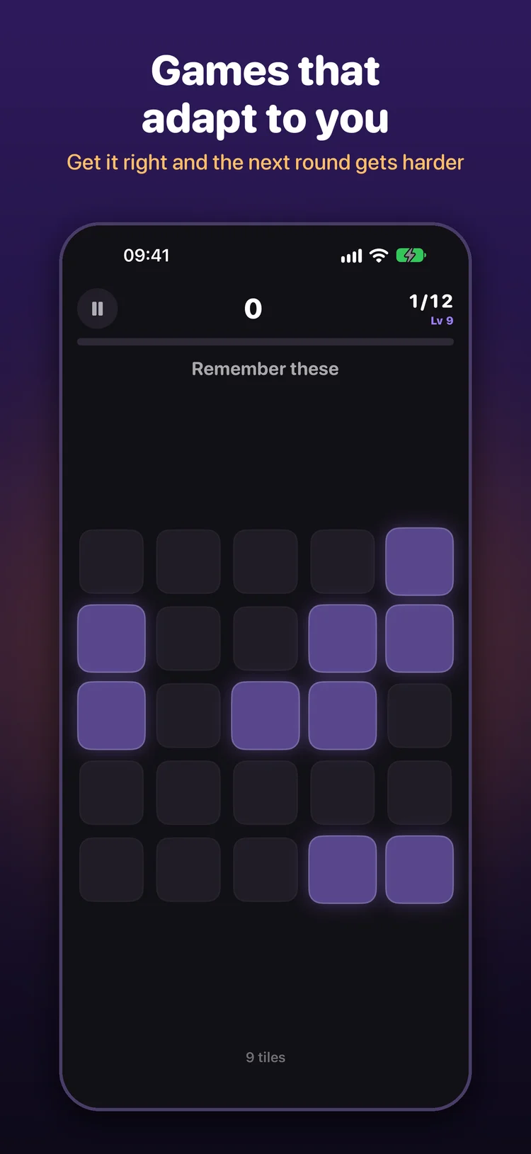 Flash Grid memory game showing a pattern of purple tiles to remember