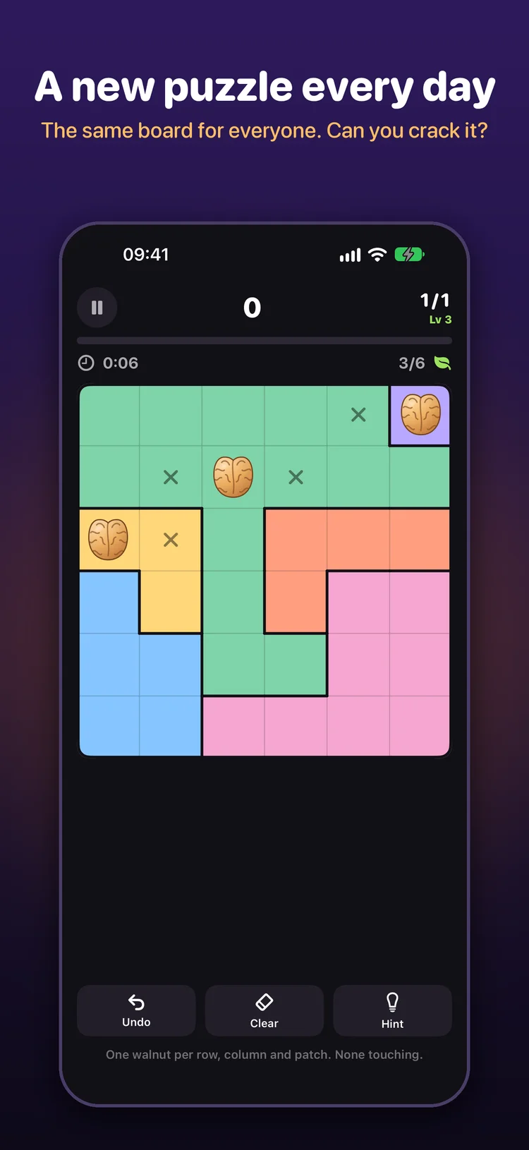 Grove logic puzzle with coloured regions, placed walnuts, marked cells and undo, clear and hint controls