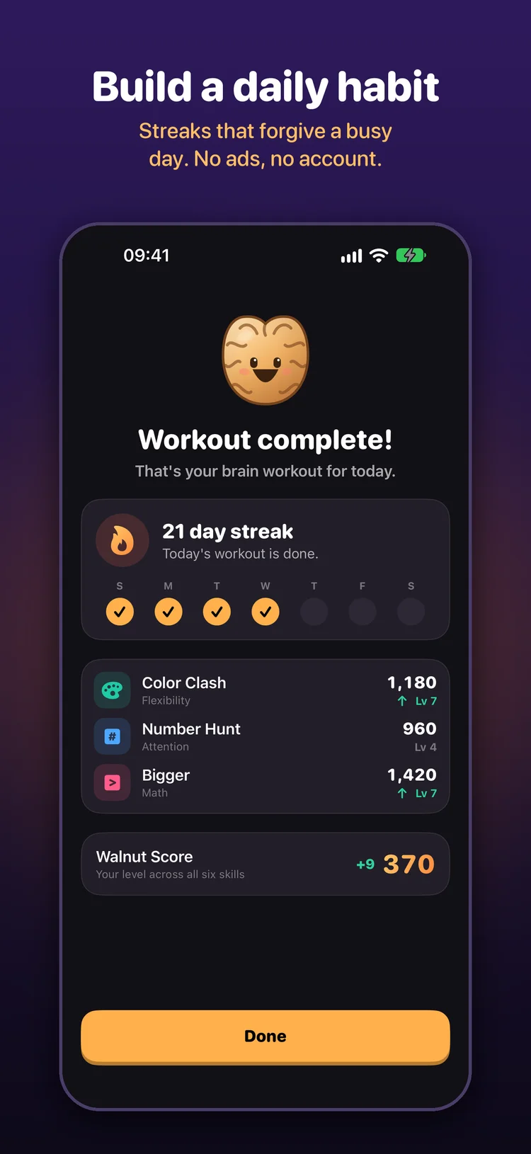 Completed Walnut workout with a 21-day streak, three game results and updated Walnut Score