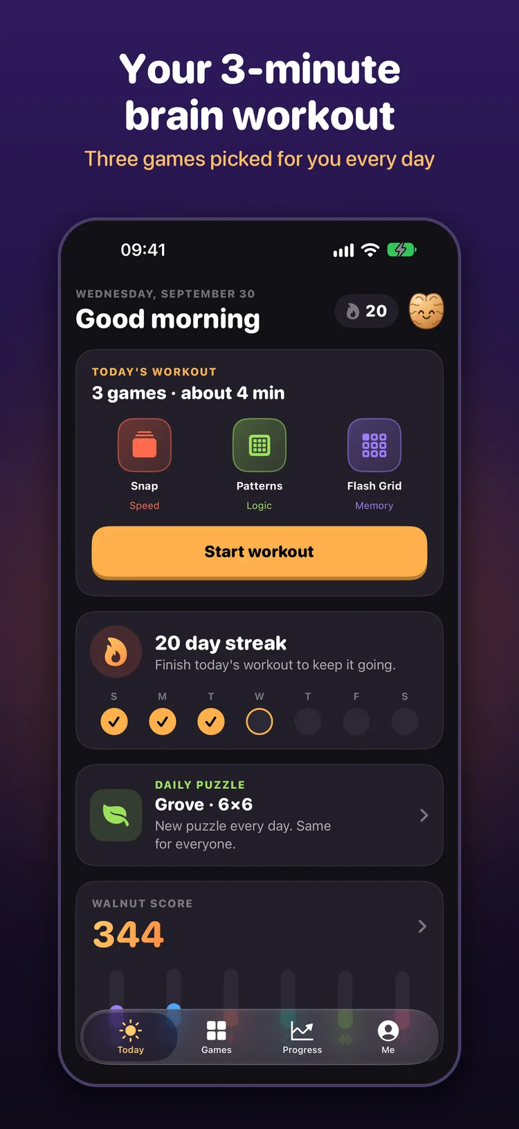 Walnut Today screen with three selected games, a daily streak, Grove puzzle and Walnut Score